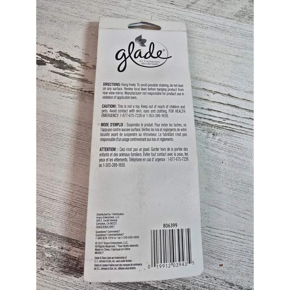 Glade Clean Linen Car Air‎ Fresheners Hanging Paper 4 Pack Auto Odor Eliminator